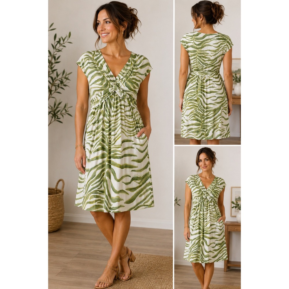 Soma Dress Green White Palm Leaf Twist Front Rayon Stretch Casual Medium